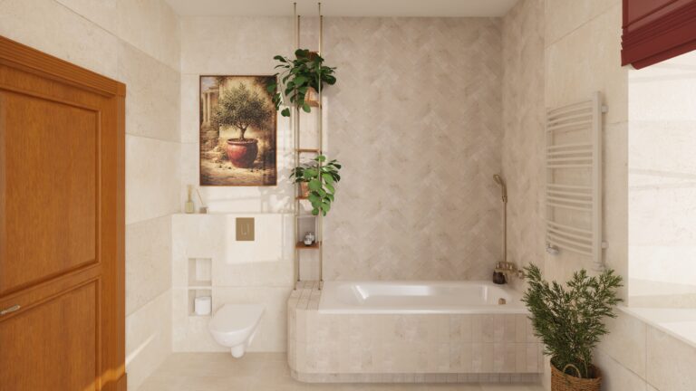 Łazienka z jodełką z trawertynu