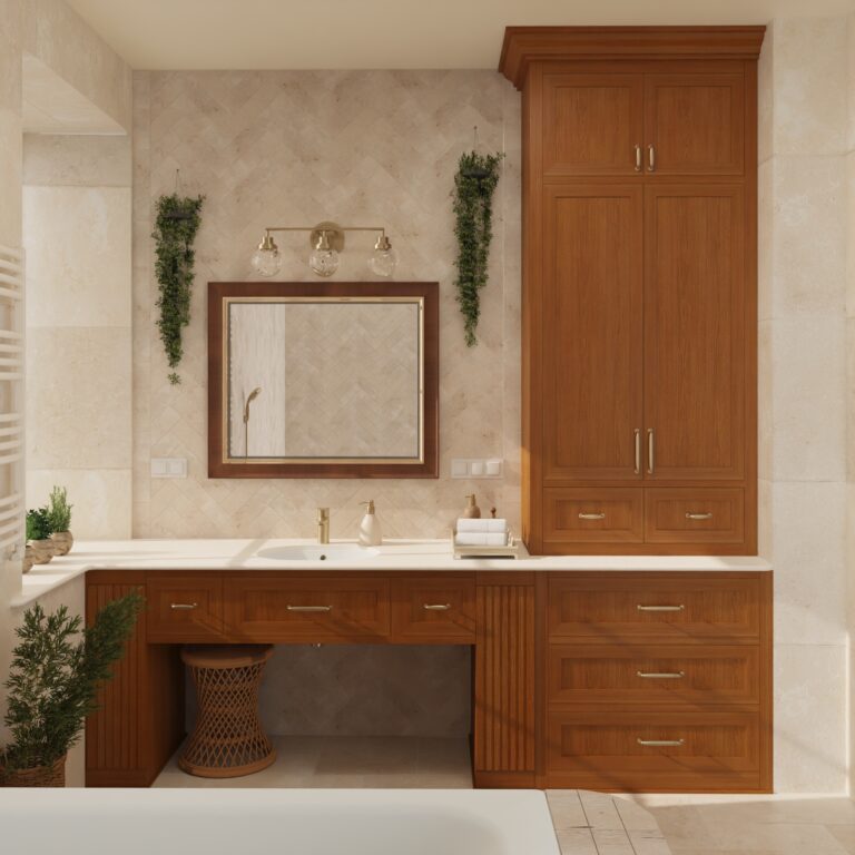 Łazienka z jodełką z trawertynu