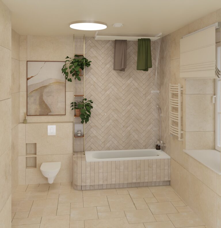 Łazienka z jodełką z trawertynu